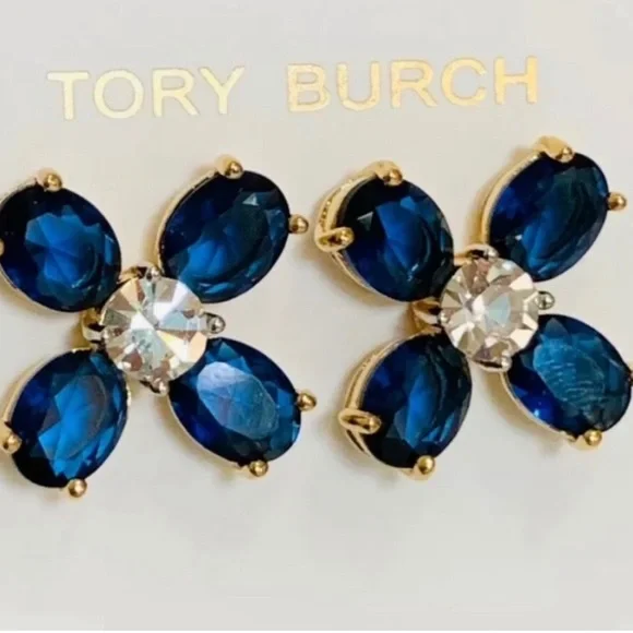 Tory Burch flower clover blue crystal stud earrings - Picture 6 of 6